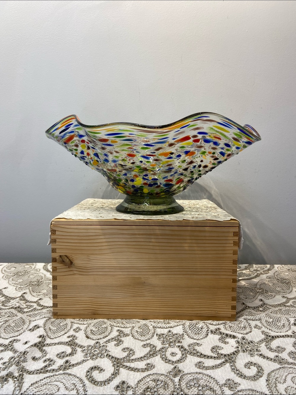 Hand Blown Studio Art Glass Confetti Pedestal Bowl